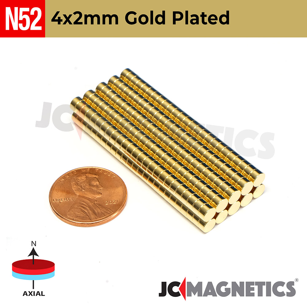 4mm X 2mm N52 Gold Plated neodymium magnets round discs 5/32in x 5